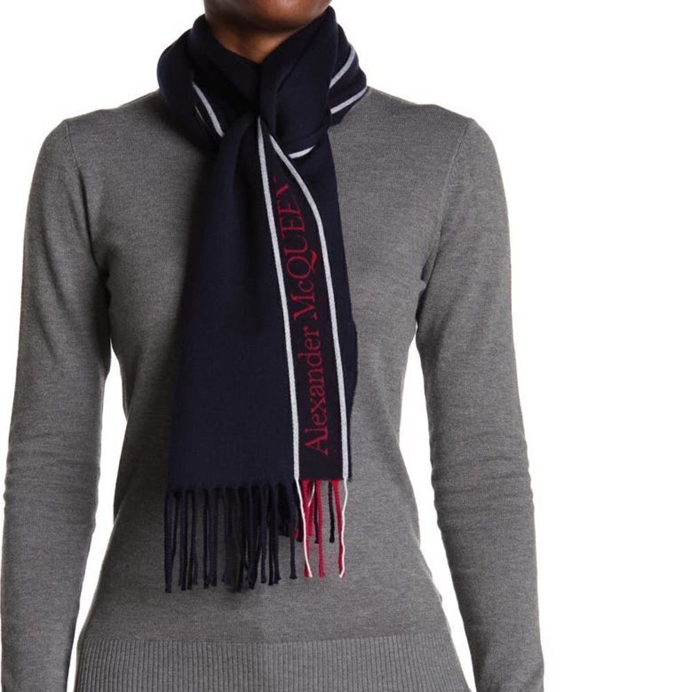 Alexander McQueen Fringe Wool & Cashmere Scarf Blue NWT MSRP $425
